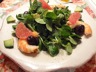 Mâche, crevettes, avocat,olive,pamplemousse rose en salade