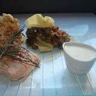 Filets de saumon lasagnes de légumes et crème à l'ail